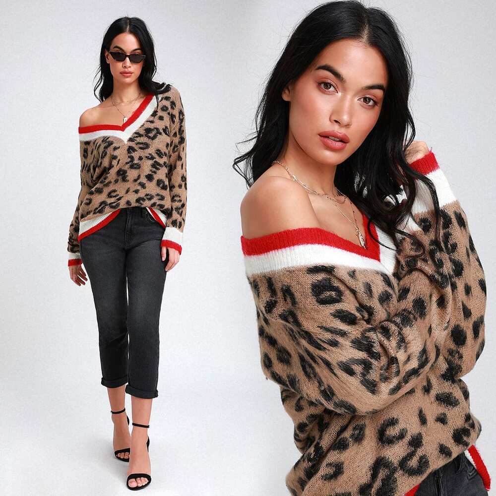 Lulus Women's Leopard Animal Print V Neck Brushed Long Sleeve Sweater Top S/M